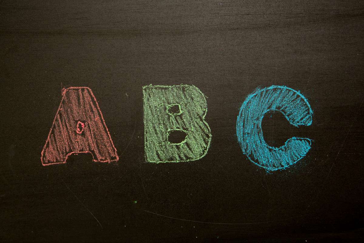Abc drawn and coloured in on blackboard (R) (S)