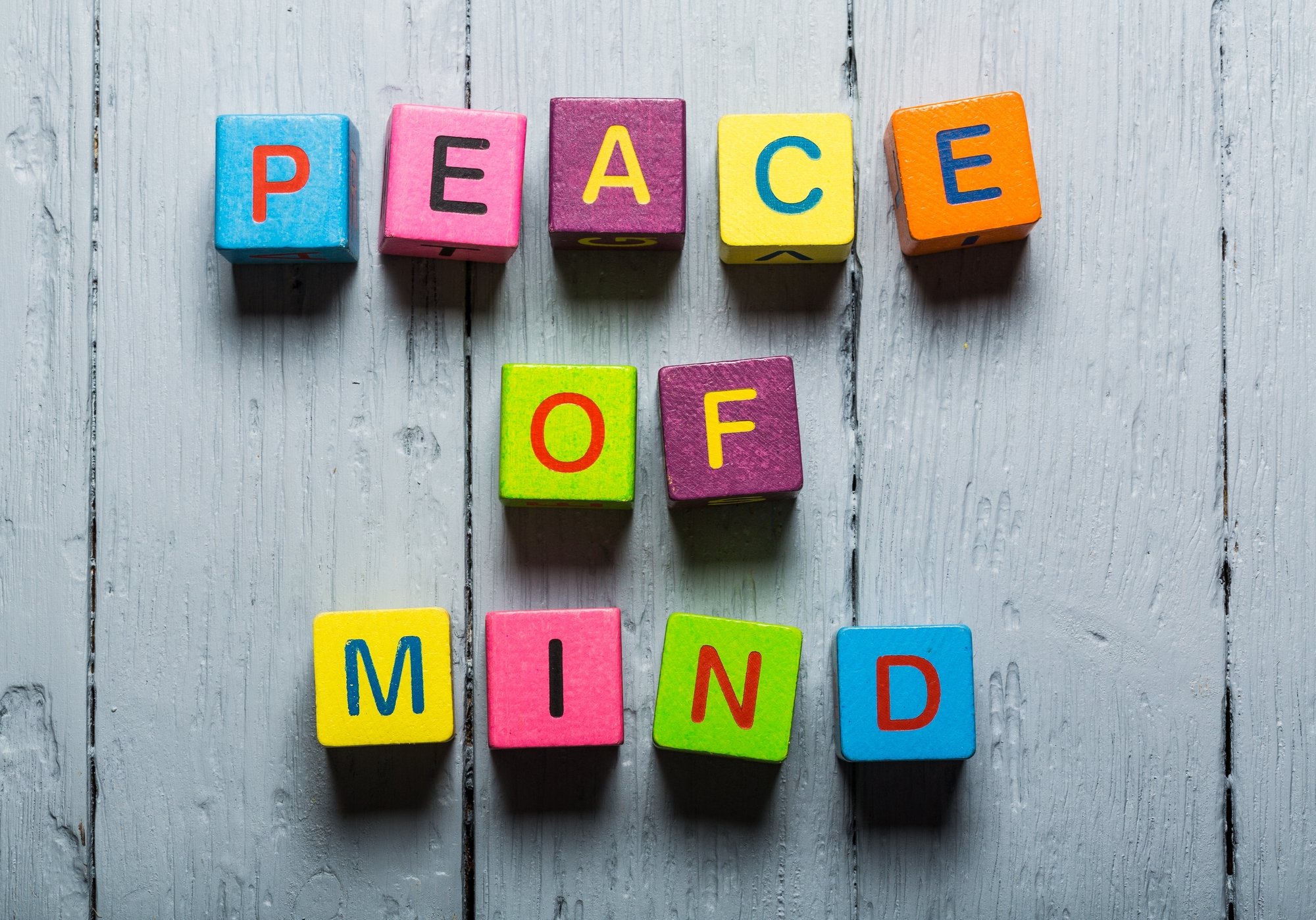 Mind. Peace of Mind wooden sign with a beach on background