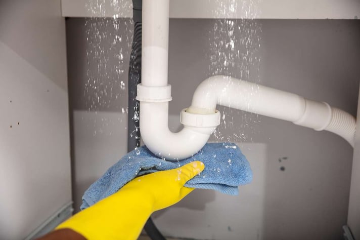 Close-up Of A Young Woman Using Blue Towel Under Leakage Of White Sink Pipe