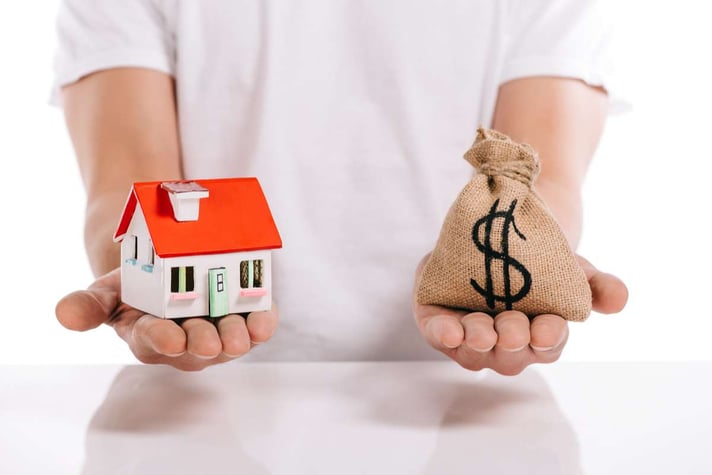 Cropped view of man holding house model and moneybag isolated on white, mortgage concept