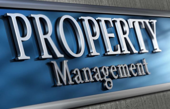 Property Management on a blue background, how much are property management fees concept. 