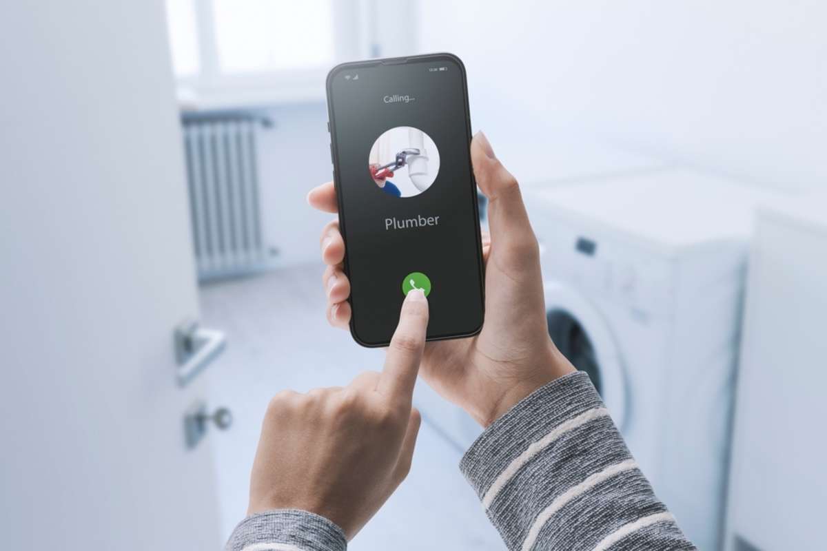 Woman calling a plumber on her smartphone, her washing machine is broken