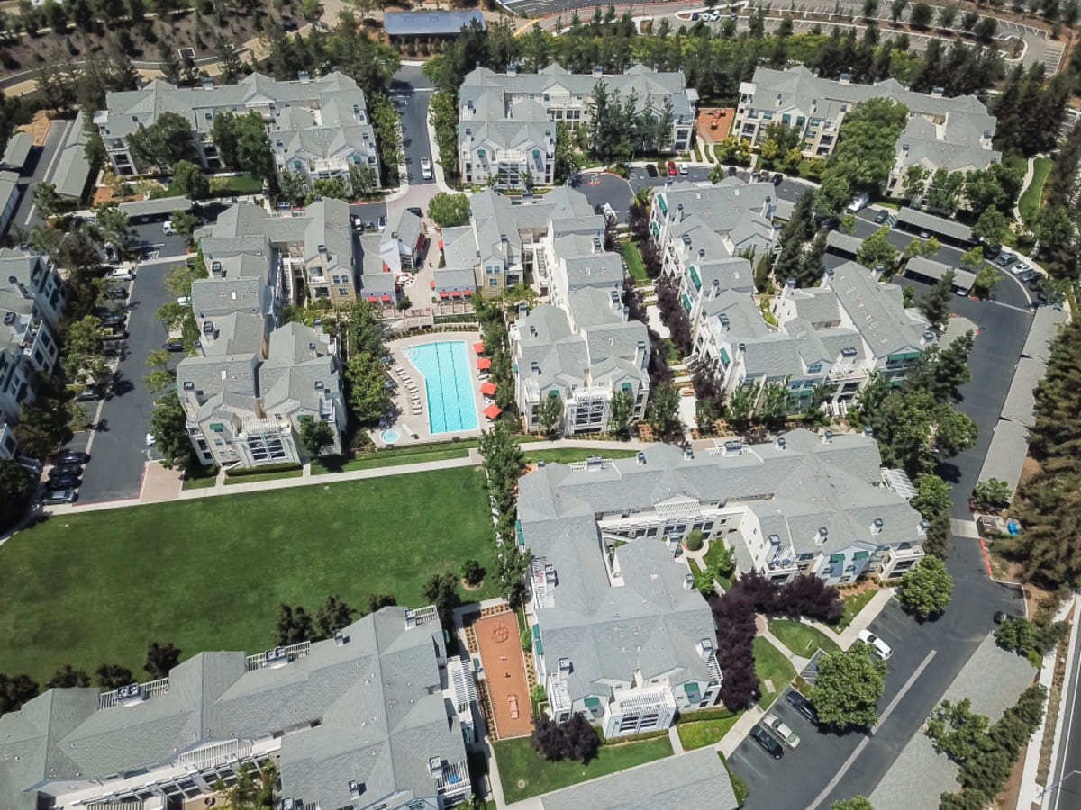 Aerial view of typical multi-family unit with swimming pool
