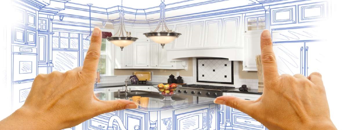 Female Hands Framing Custom Kitchen Design Drawing and Photo Combination