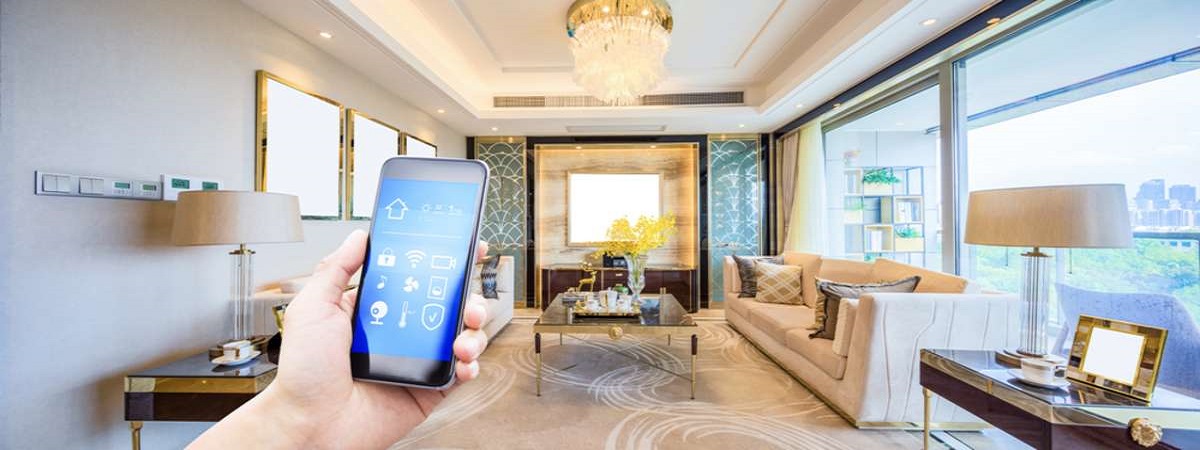 mobile phone with smart home app in modern living room